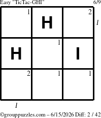 The grouppuzzles.com Easy TicTac-GHI puzzle for Monday June 15, 2026, suitable for printing, with all 2 steps marked