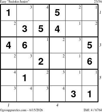 The grouppuzzles.com Easy Sudoku-Junior puzzle for Monday June 15, 2026, suitable for printing, with all 4 steps marked