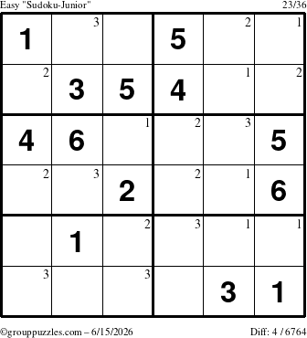The grouppuzzles.com Easy Sudoku-Junior puzzle for Monday June 15, 2026 with the first 3 steps marked