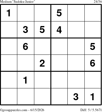 The grouppuzzles.com Medium Sudoku-Junior puzzle for Monday June 15, 2026