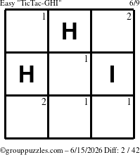 The grouppuzzles.com Easy TicTac-GHI puzzle for Monday June 15, 2026 with the first 2 steps marked