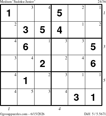 The grouppuzzles.com Medium Sudoku-Junior puzzle for Monday June 15, 2026, suitable for printing, with all 5 steps marked