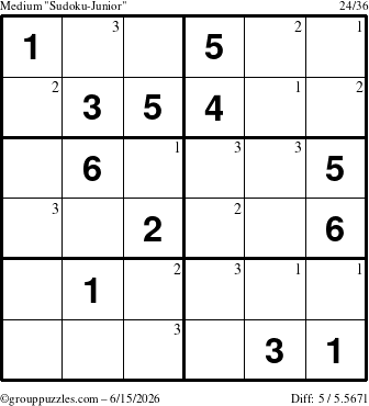 The grouppuzzles.com Medium Sudoku-Junior puzzle for Monday June 15, 2026 with the first 3 steps marked