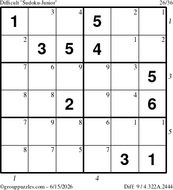 The grouppuzzles.com Difficult Sudoku-Junior puzzle for Monday June 15, 2026, suitable for printing, with all 9 steps marked