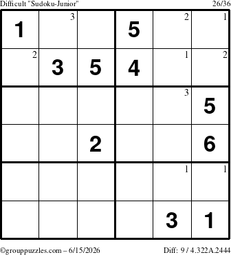 The grouppuzzles.com Difficult Sudoku-Junior puzzle for Monday June 15, 2026 with the first 3 steps marked