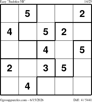 The grouppuzzles.com Easy Sudoku-5B puzzle for Monday June 15, 2026