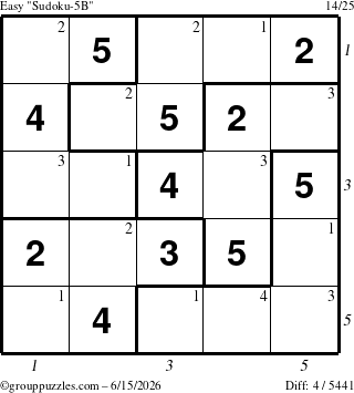 The grouppuzzles.com Easy Sudoku-5B puzzle for Monday June 15, 2026, suitable for printing, with all 4 steps marked