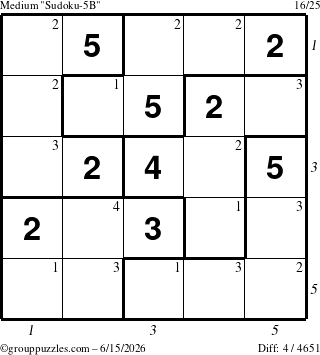 The grouppuzzles.com Medium Sudoku-5B puzzle for Monday June 15, 2026, suitable for printing, with all 4 steps marked