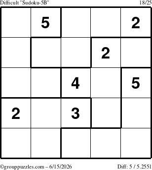 The grouppuzzles.com Difficult Sudoku-5B puzzle for Monday June 15, 2026