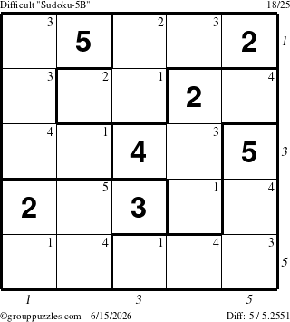 The grouppuzzles.com Difficult Sudoku-5B puzzle for Monday June 15, 2026 with all 5 steps marked