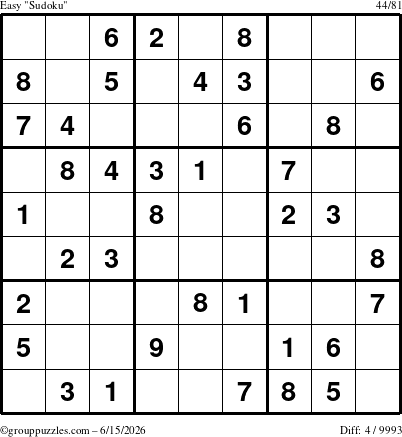 The grouppuzzles.com Easy Sudoku puzzle for Monday June 15, 2026