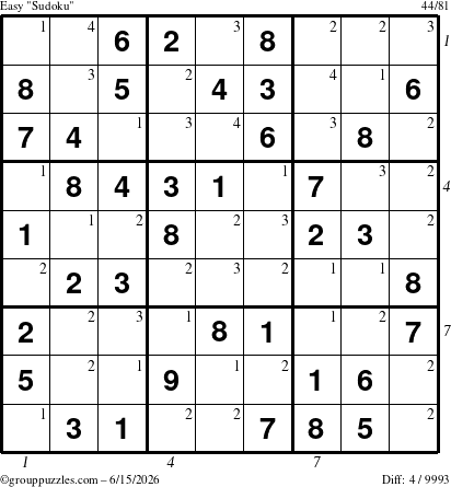 The grouppuzzles.com Easy Sudoku puzzle for Monday June 15, 2026 with all 4 steps marked