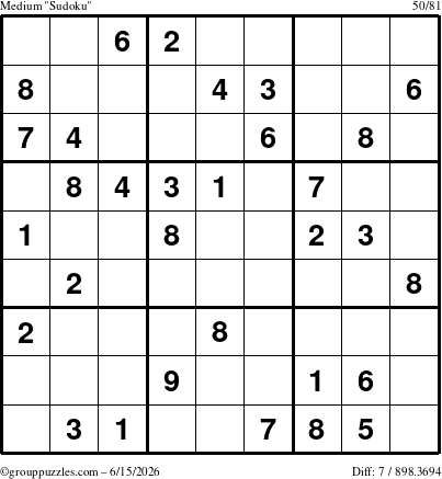 The grouppuzzles.com Medium Sudoku puzzle for Monday June 15, 2026