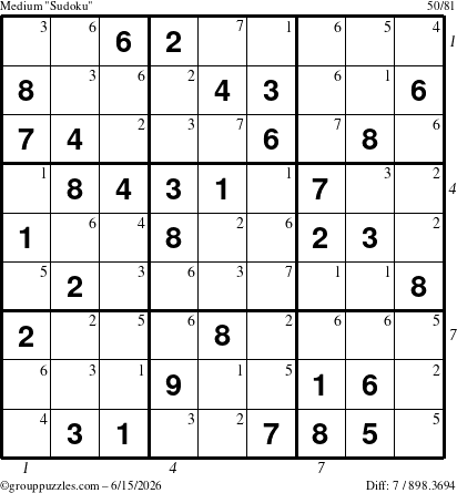 The grouppuzzles.com Medium Sudoku puzzle for Monday June 15, 2026, suitable for printing, with all 7 steps marked