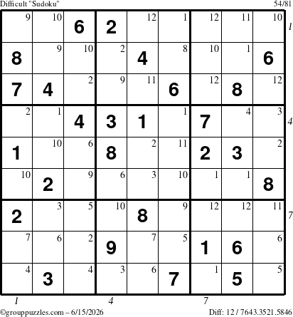 The grouppuzzles.com Difficult Sudoku puzzle for Monday June 15, 2026, suitable for printing, with all 12 steps marked