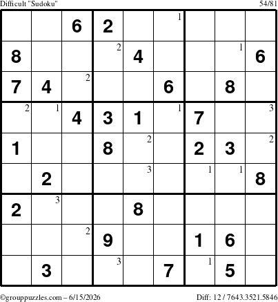 The grouppuzzles.com Difficult Sudoku puzzle for Monday June 15, 2026 with the first 3 steps marked