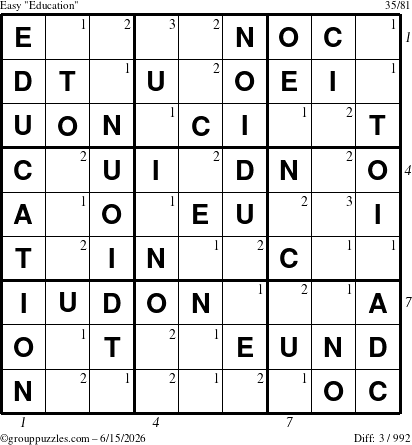 The grouppuzzles.com Easy Education-c1 puzzle for Monday June 15, 2026 with all 3 steps marked