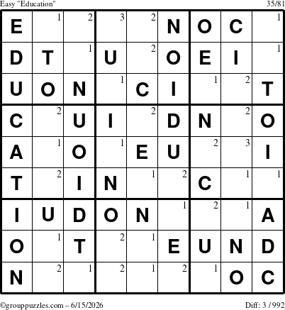 The grouppuzzles.com Easy Education-c1 puzzle for Monday June 15, 2026 with the first 3 steps marked