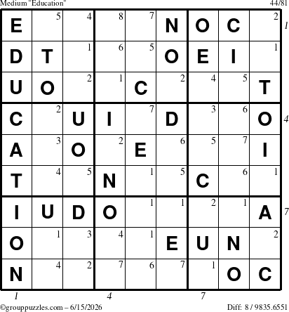 The grouppuzzles.com Medium Education-c1 puzzle for Monday June 15, 2026, suitable for printing, with all 8 steps marked