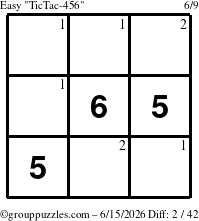 The grouppuzzles.com Easy TicTac-456 puzzle for Monday June 15, 2026 with the first 2 steps marked