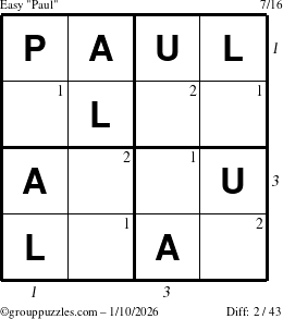 The grouppuzzles.com Easy Paul puzzle for Saturday January 10, 2026, suitable for printing, with all 2 steps marked
