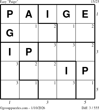 The grouppuzzles.com Easy Paige puzzle for Saturday January 10, 2026, suitable for printing, with all 3 steps marked
