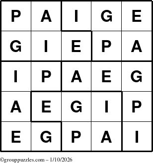 The grouppuzzles.com Answer grid for the Paige puzzle for Saturday January 10, 2026