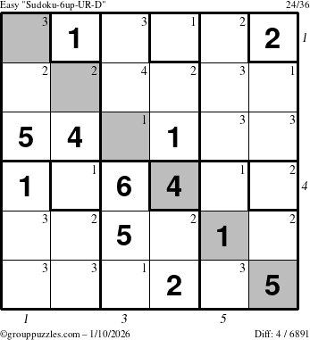 The grouppuzzles.com Easy Sudoku-6up-UR-D puzzle for Saturday January 10, 2026, suitable for printing, with all 4 steps marked