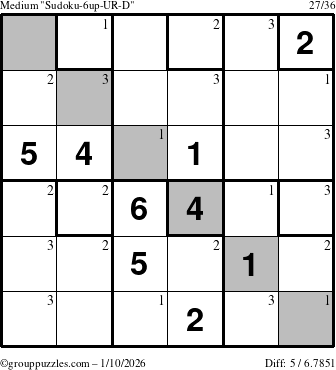 The grouppuzzles.com Medium Sudoku-6up-UR-D puzzle for Saturday January 10, 2026 with the first 3 steps marked