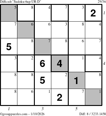 The grouppuzzles.com Difficult Sudoku-6up-UR-D puzzle for Saturday January 10, 2026 with all 8 steps marked