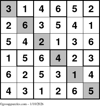 The grouppuzzles.com Answer grid for the Sudoku-6up-UR-D puzzle for Saturday January 10, 2026