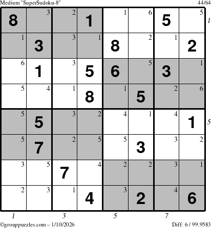The grouppuzzles.com Medium SuperSudoku-8 puzzle for Saturday January 10, 2026 with all 6 steps marked