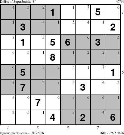 The grouppuzzles.com Difficult SuperSudoku-8 puzzle for Saturday January 10, 2026 with all 7 steps marked