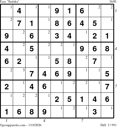 The grouppuzzles.com Easy Sudoku puzzle for Saturday January 10, 2026 with all 3 steps marked