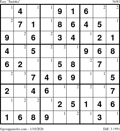 The grouppuzzles.com Easy Sudoku puzzle for Saturday January 10, 2026 with the first 3 steps marked