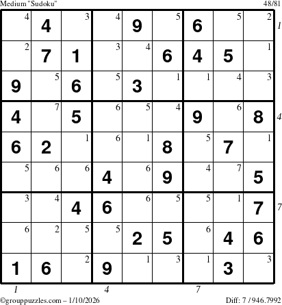The grouppuzzles.com Medium Sudoku puzzle for Saturday January 10, 2026, suitable for printing, with all 7 steps marked