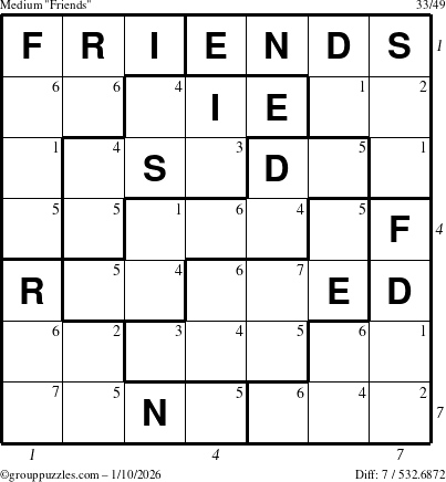 The grouppuzzles.com Medium Friends puzzle for Saturday January 10, 2026, suitable for printing, with all 7 steps marked