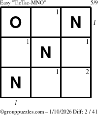 The grouppuzzles.com Easy TicTac-MNO puzzle for Saturday January 10, 2026, suitable for printing, with all 2 steps marked