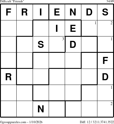 The grouppuzzles.com Difficult Friends puzzle for Saturday January 10, 2026 with the first 3 steps marked