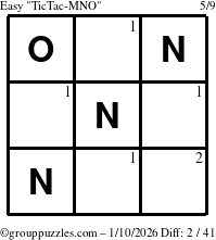 The grouppuzzles.com Easy TicTac-MNO puzzle for Saturday January 10, 2026 with the first 2 steps marked