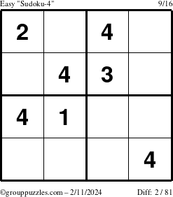 The grouppuzzles.com Easy Sudoku-4 puzzle for Sunday February 11, 2024