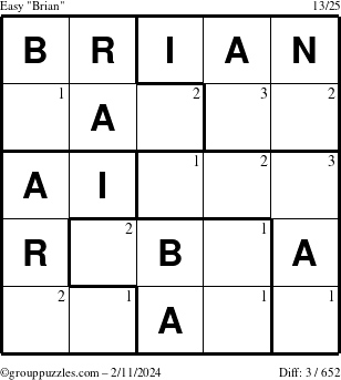 The grouppuzzles.com Easy Brian puzzle for Sunday February 11, 2024 with the first 3 steps marked