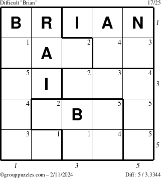 The grouppuzzles.com Difficult Brian puzzle for Sunday February 11, 2024 with all 5 steps marked