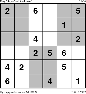 The grouppuzzles.com Easy SuperSudoku-Junior puzzle for Sunday February 11, 2024