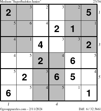 The grouppuzzles.com Medium SuperSudoku-Junior puzzle for Sunday February 11, 2024 with all 6 steps marked