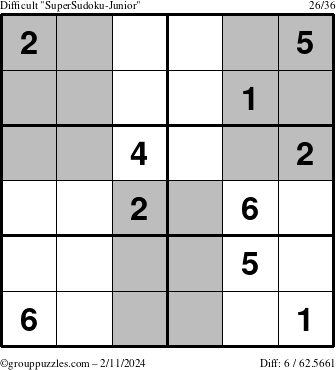 The grouppuzzles.com Difficult SuperSudoku-Junior puzzle for Sunday February 11, 2024
