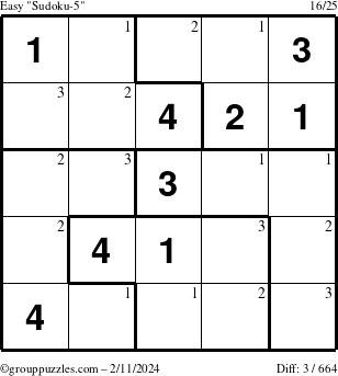 The grouppuzzles.com Easy Sudoku-5 puzzle for Sunday February 11, 2024 with the first 3 steps marked