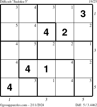 The grouppuzzles.com Difficult Sudoku-5 puzzle for Sunday February 11, 2024 with all 5 steps marked