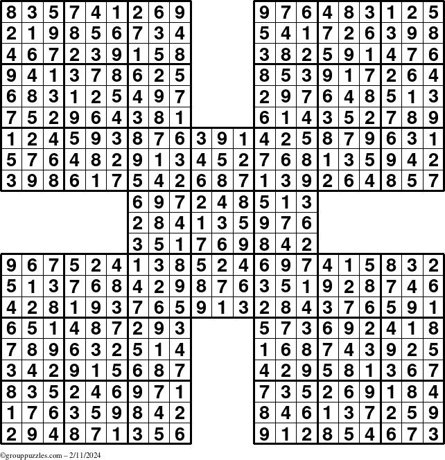 The grouppuzzles.com Answer grid for the Sudoku-by5 puzzle for Sunday February 11, 2024