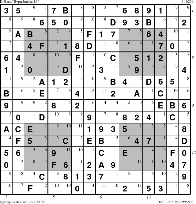 The grouppuzzles.com Difficult HyperSudoku-16 puzzle for Sunday February 11, 2024 with all 12 steps marked
